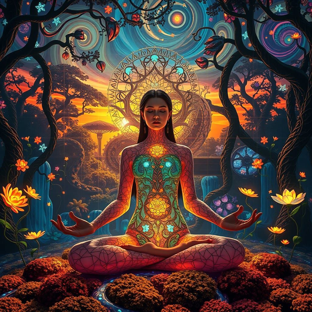 Mystical Woman Meditating in Surreal Labyrinth of Light