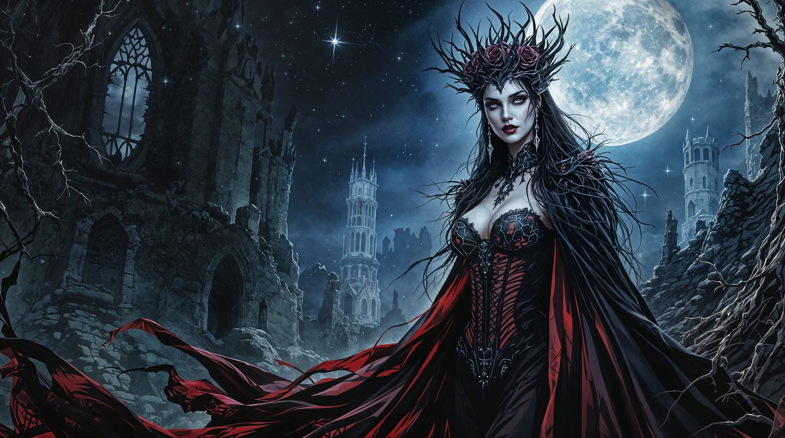 Gothic Vampire Queen in Moonlit Ruins