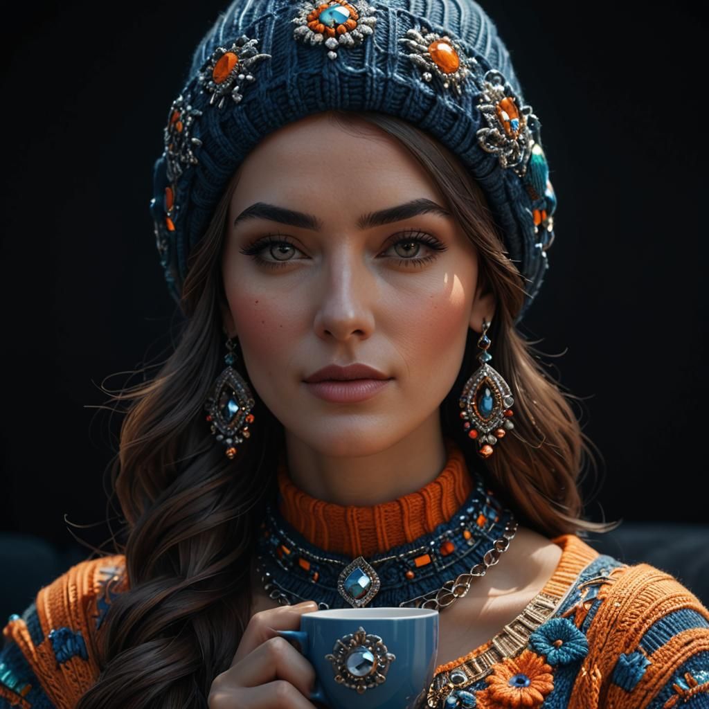 Hyperrealistic Portrait of Woman with Coffee on Couch