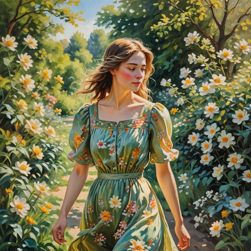 Woman in Garden: Impressionist Oil Painting