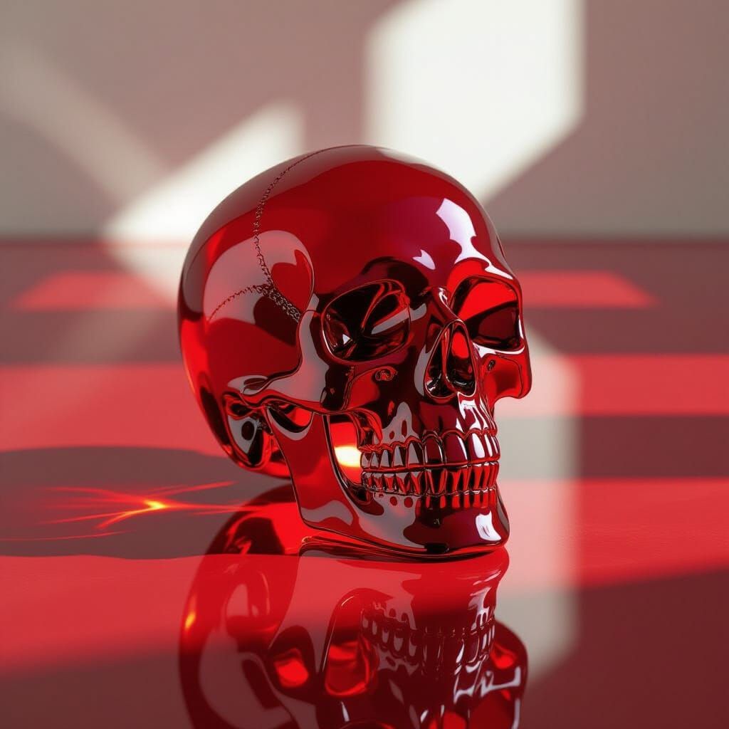 Crimson Glass Skull on Reflective Floor