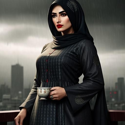 Woman in Hijab Enjoys Rainy Day with Tea