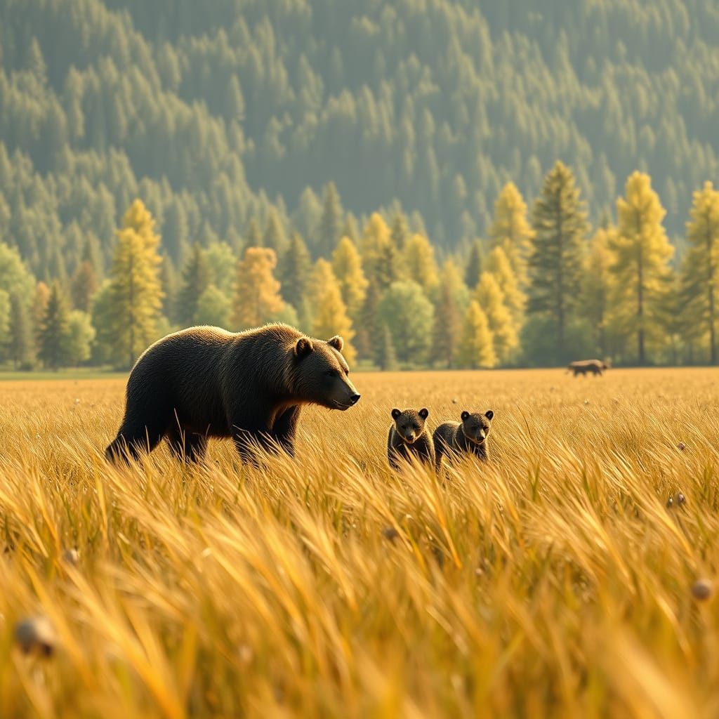 Mother Bear and Cubs in Lush 3D Landscape