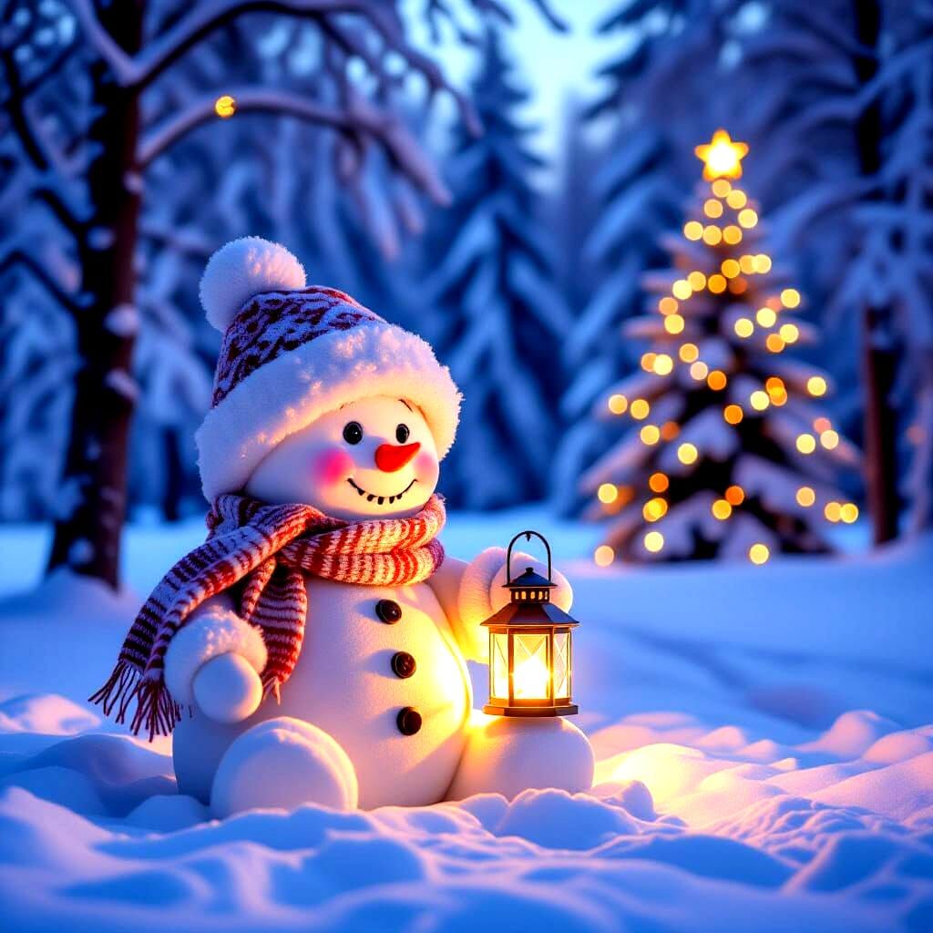Enchanting Forest Scene With Friendly Snowman and Glowing Ch...