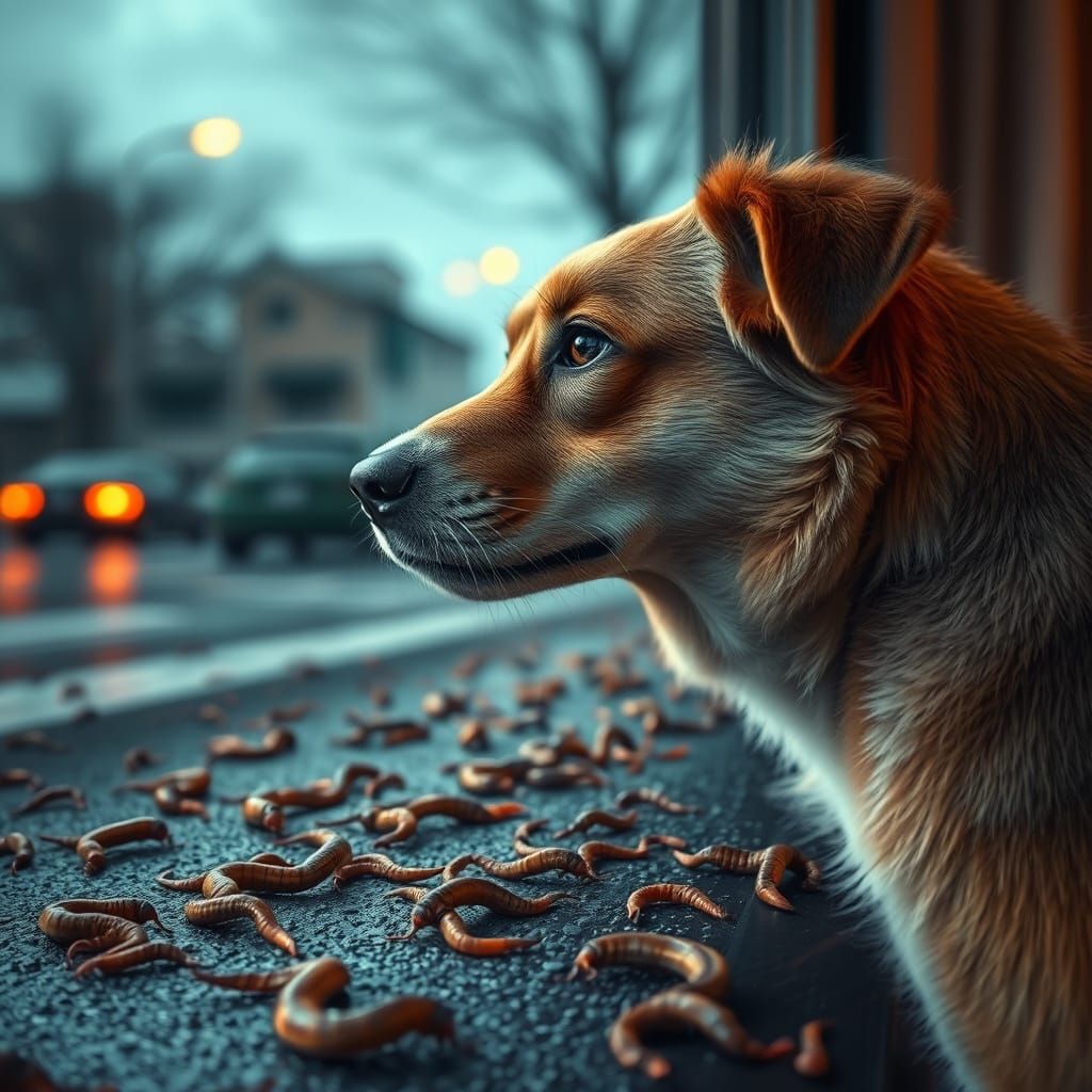 Hyper-Realistic Canine Portrait in Eerie Worms-Themed Scene