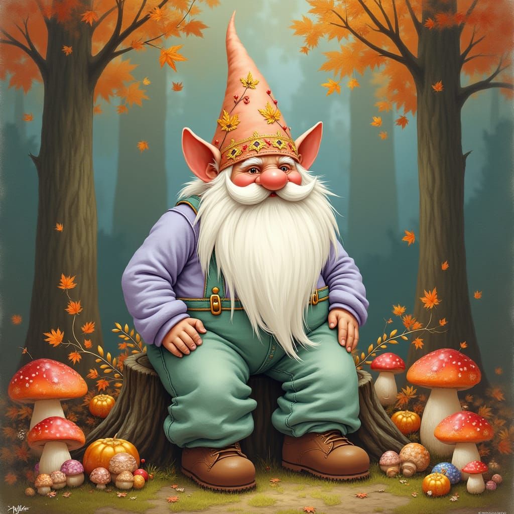 whimsical nordic gnome man wearing a large oversized pointed...
