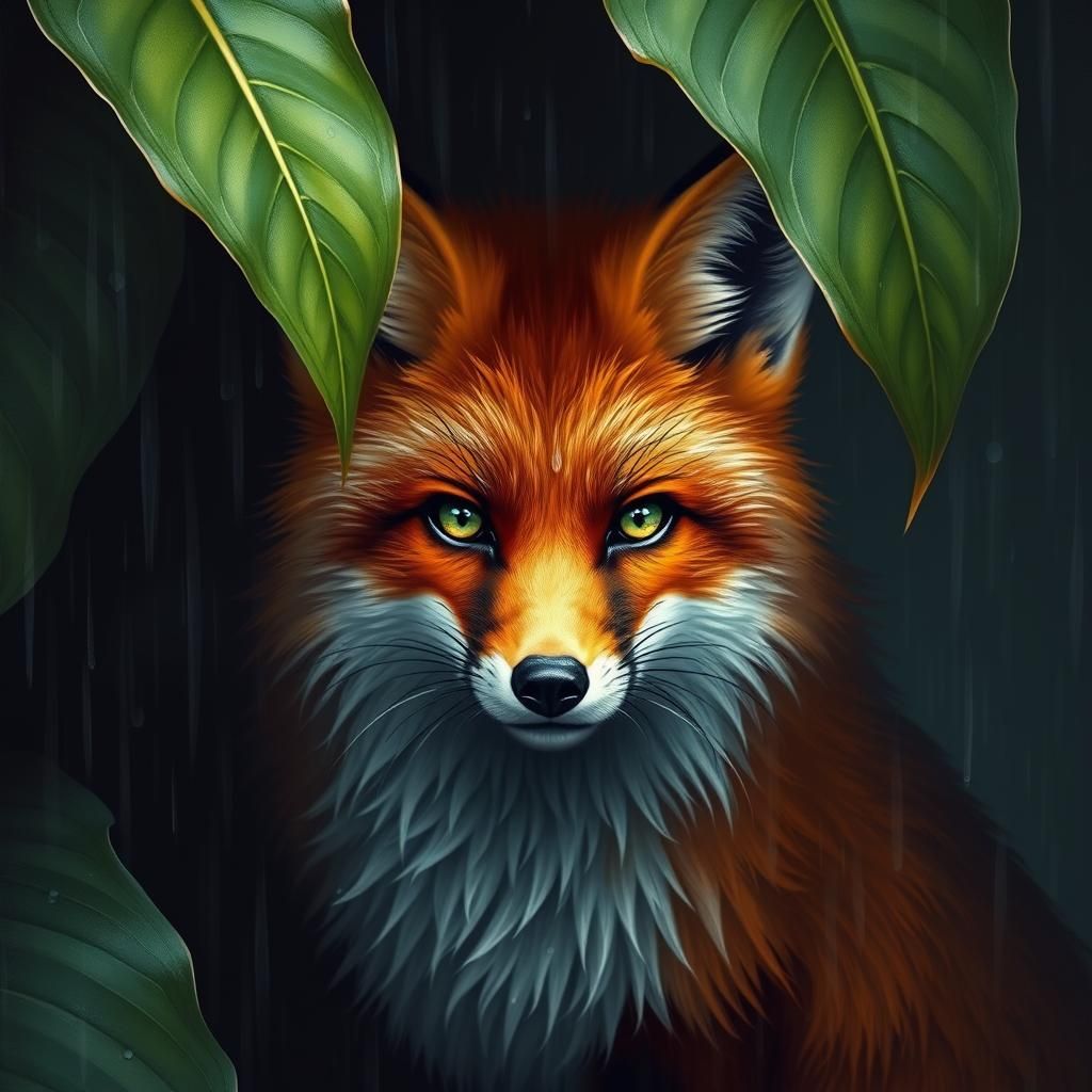Red Fox in Rainstorm: Impasto Oil Painting Style