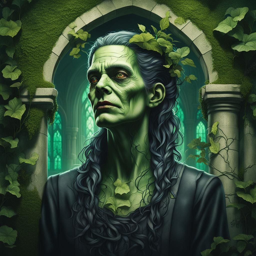Frankenstein Woman in Overgrown Gothic Abbey: Hyperrealistic...