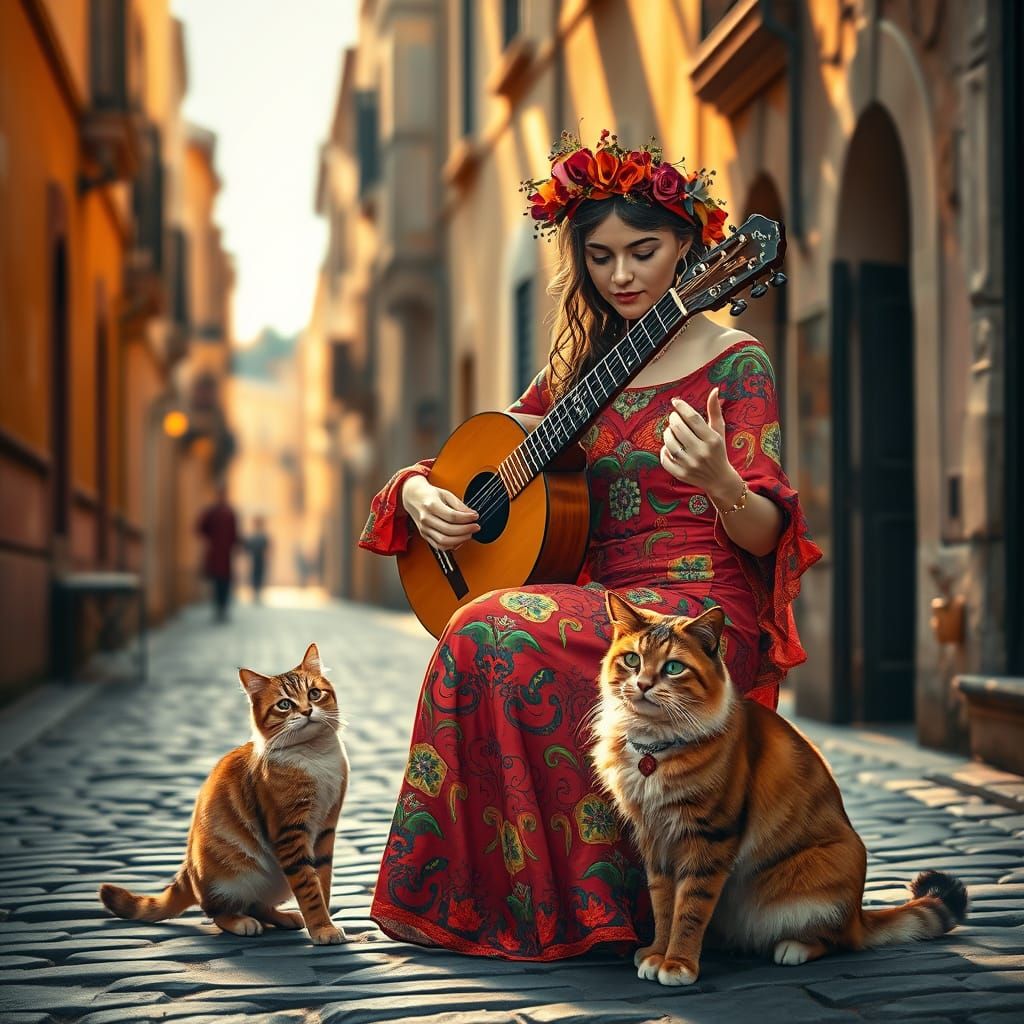 Gypsy Musician and Persian Cat in Cubist Art Deco Style