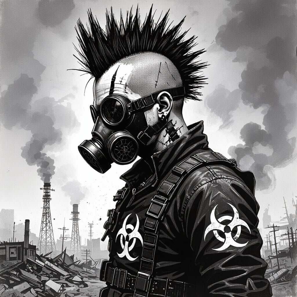 Punk Character With Mohawk And Gasmask In Charcoal Drawing S...