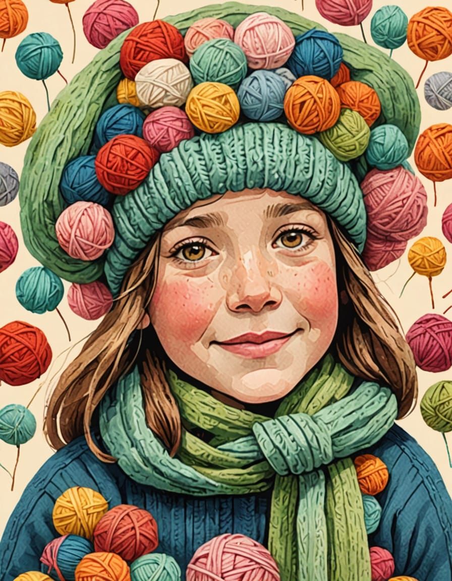 Whimsical Child Surrounded by Yarn and Berets in Cozy Settin...