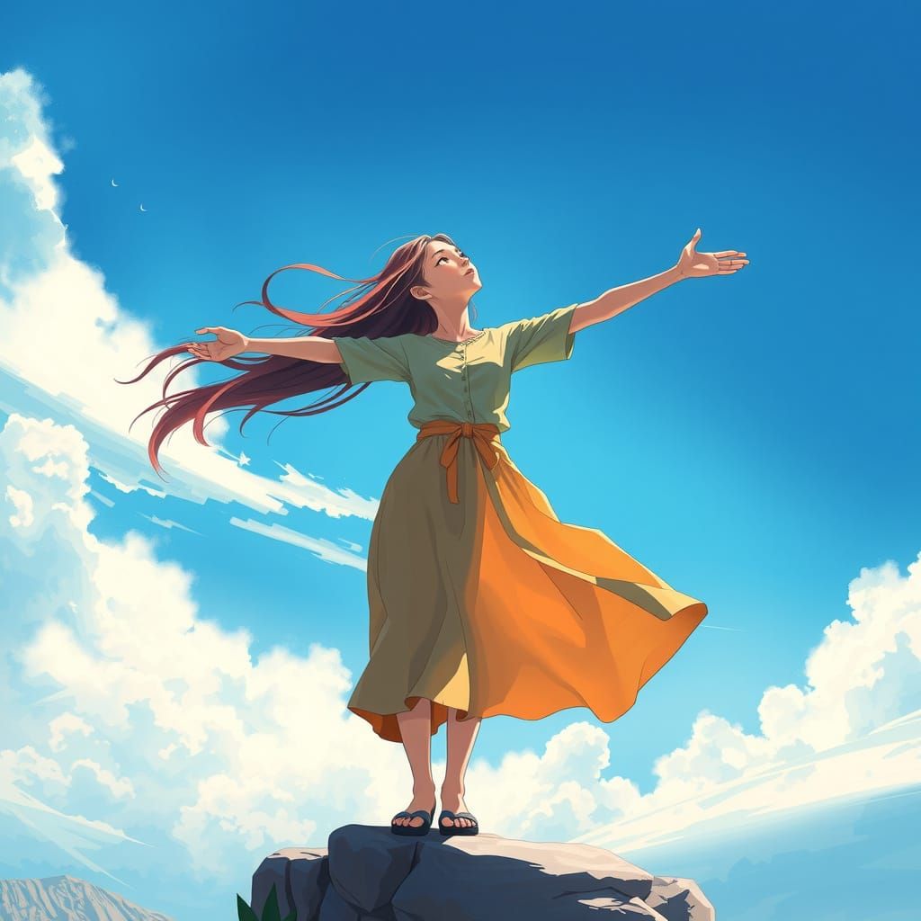 Ethereal Woman on Cliff's Edge Seeks Freedom in Infinite Blu...