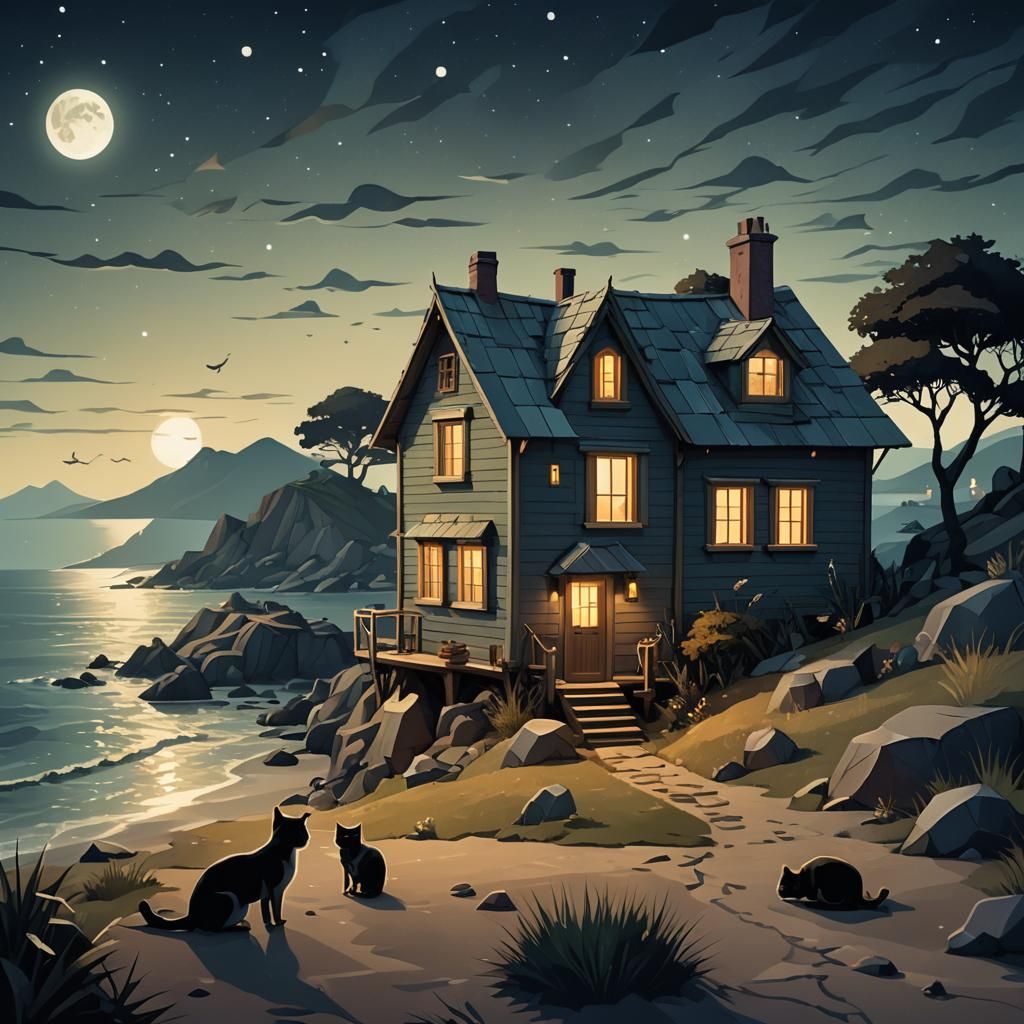 Low-Poly House by the Sea at Midnight