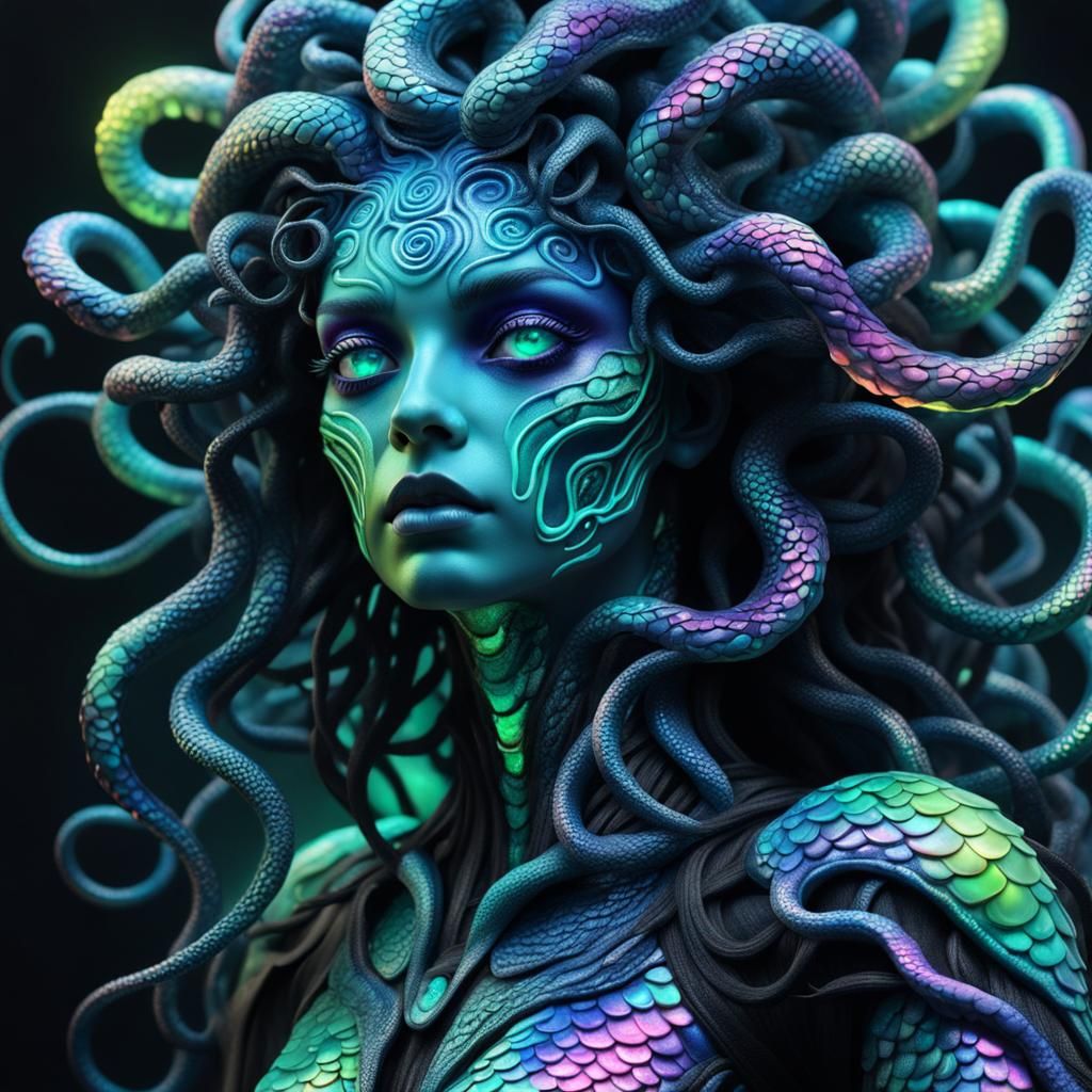 Neon Horror Medusa with Opalescent Skin