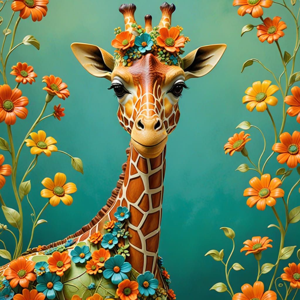 A Giraffe Adorned with Flowers