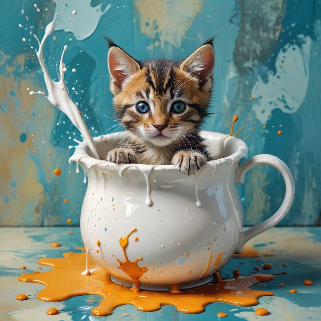 Whimsical Kitten Falls Into Milk Pot, Mixed Media Art