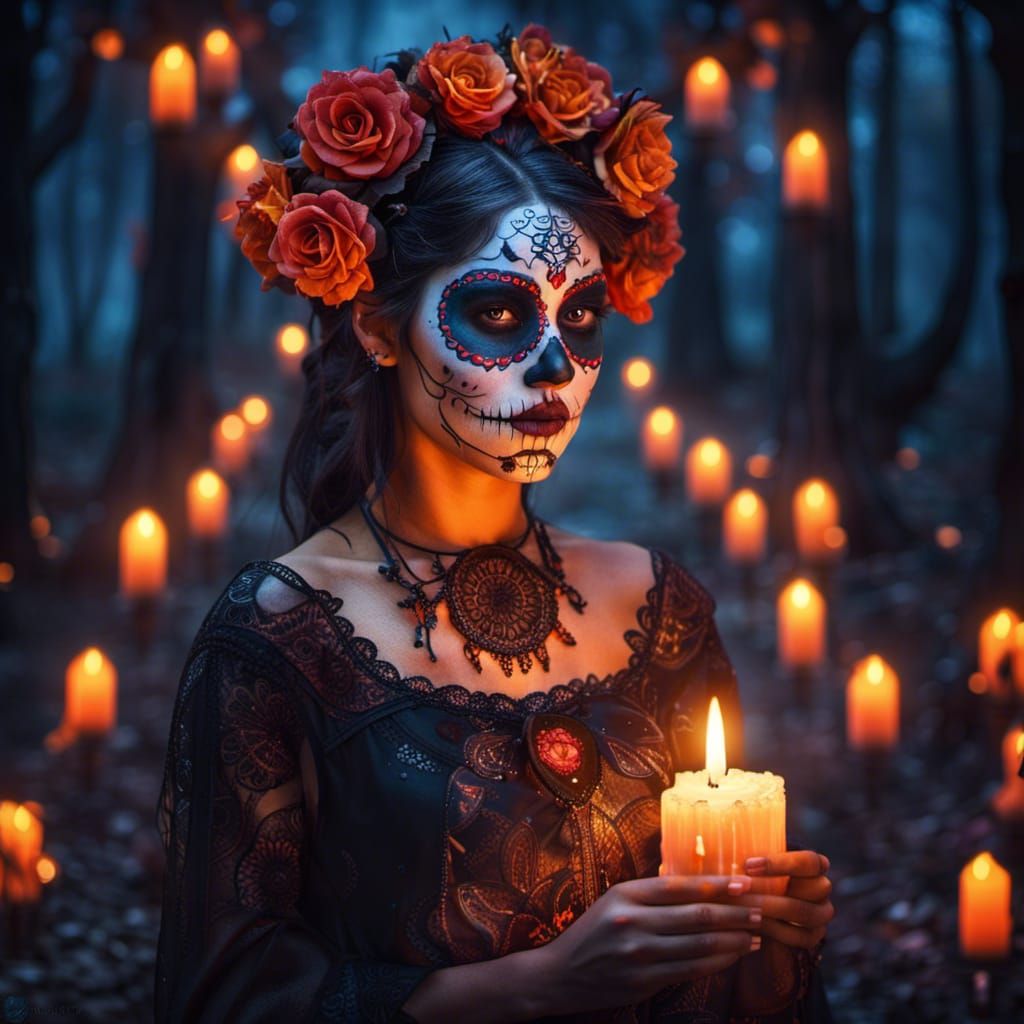 Day of the Dead Teenage Girl in Neon Forest