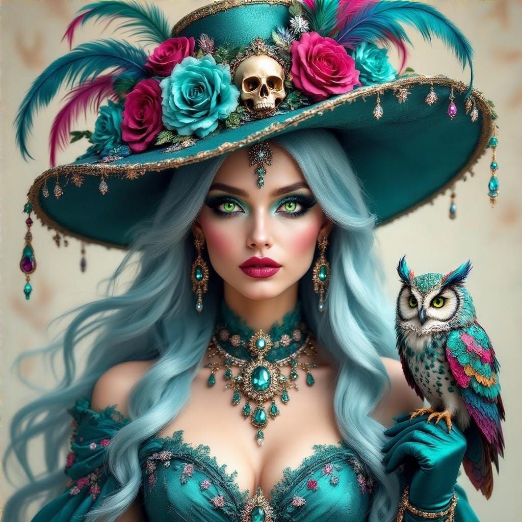 Enchanting Woman with Owl: Acrylic and Chalk Fantasy