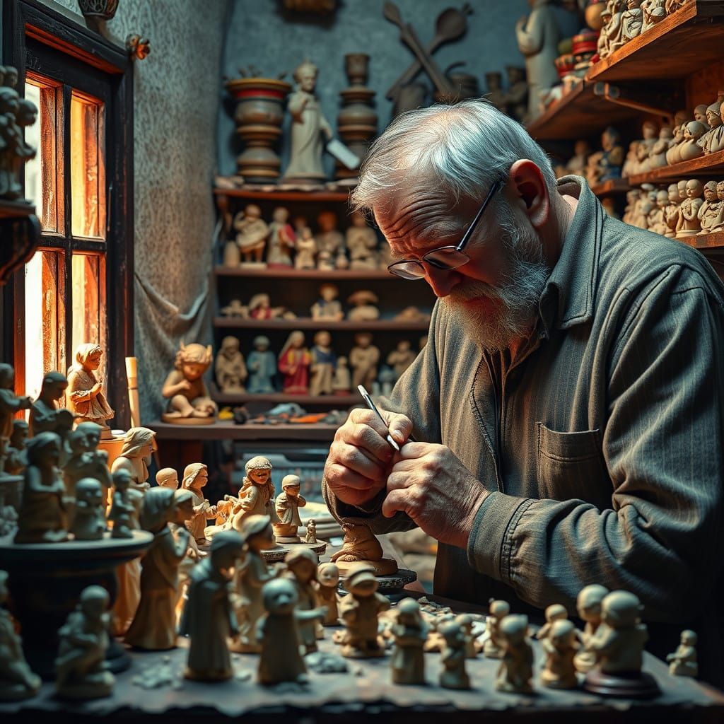 Master Provençal Clay Figurine Painter at Work in Cozy Ateli...