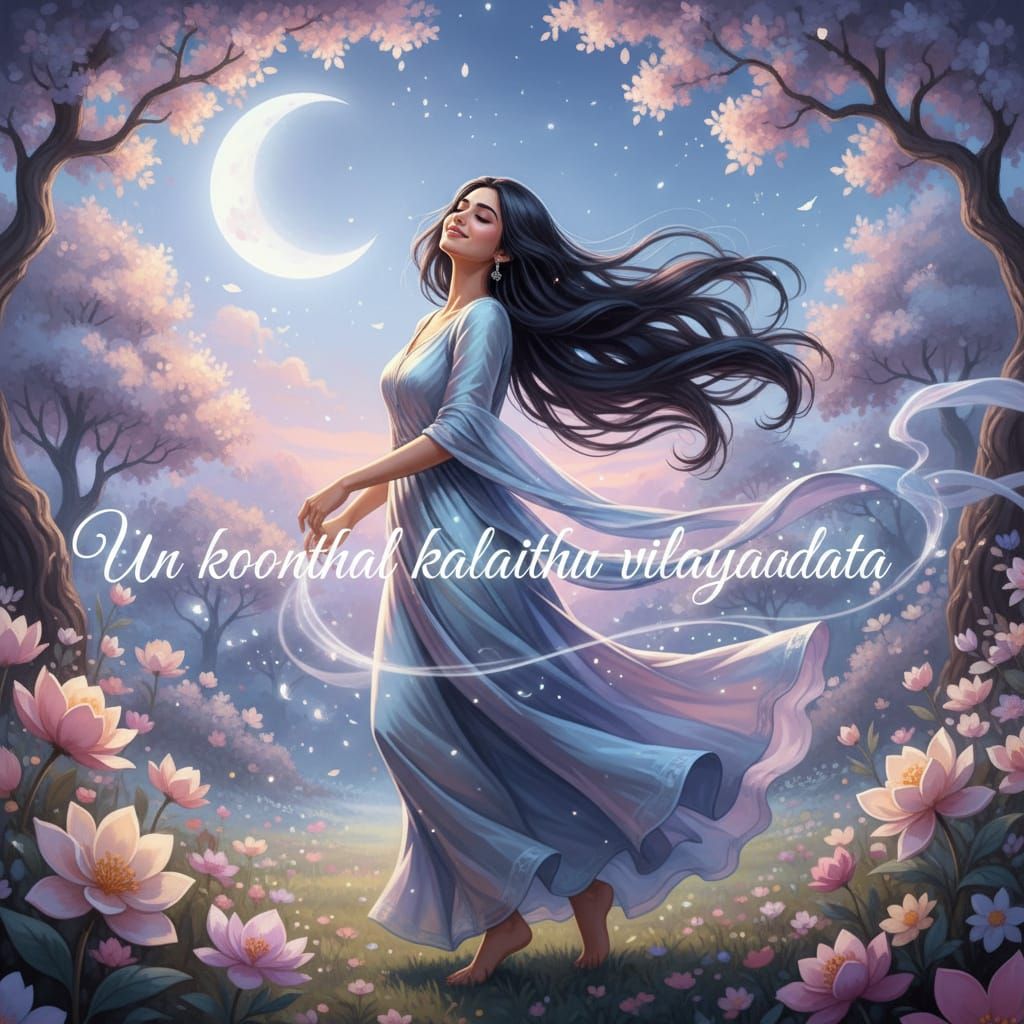 Dreamy Woman in Moonlit Garden, Romantic Surrealism