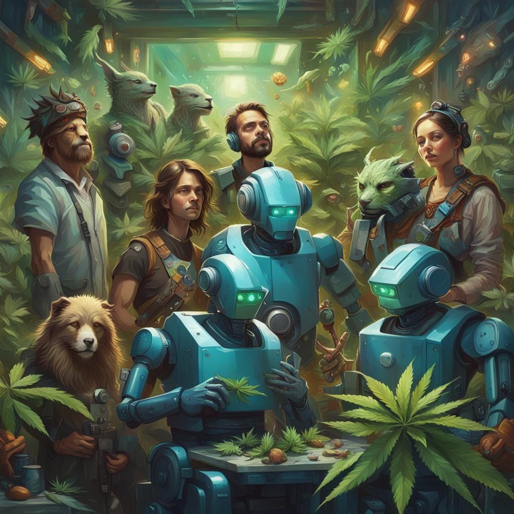 A group of animals, robots, and humans gathering for a cannabis-infused painting party, each adding their own unique tou...