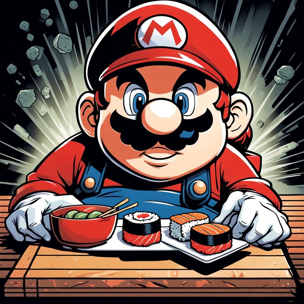 Mario Eating Sushi in Comic Book Style