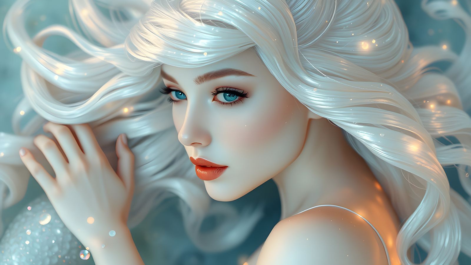 Surreal Mermaid Rises from Enchanted Ocean with Iridescent G...