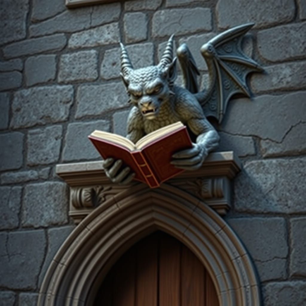 Gargoyle Reads Book Above Church Doorway in Rich, Fantastica...