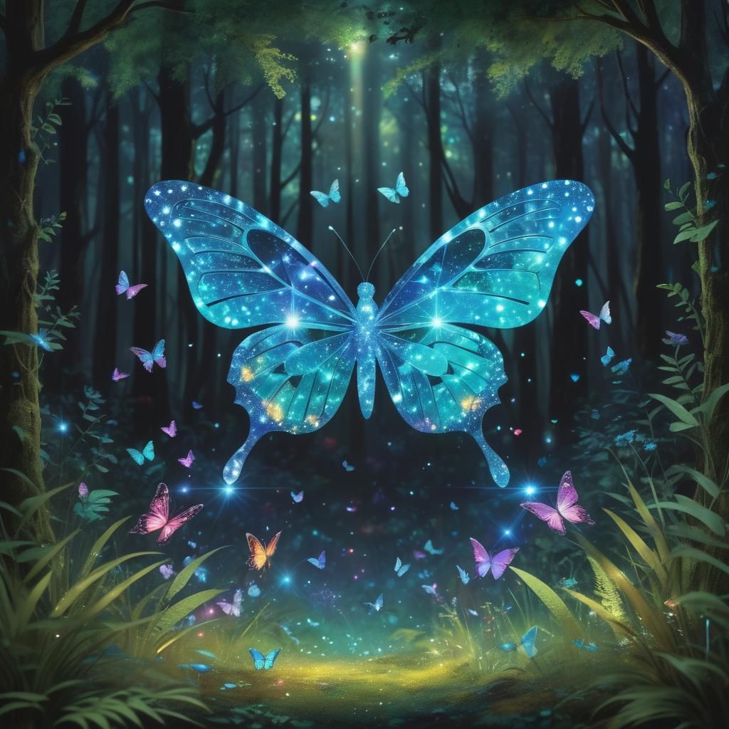 Vibrant Forest Blooms with Iridescent Wings