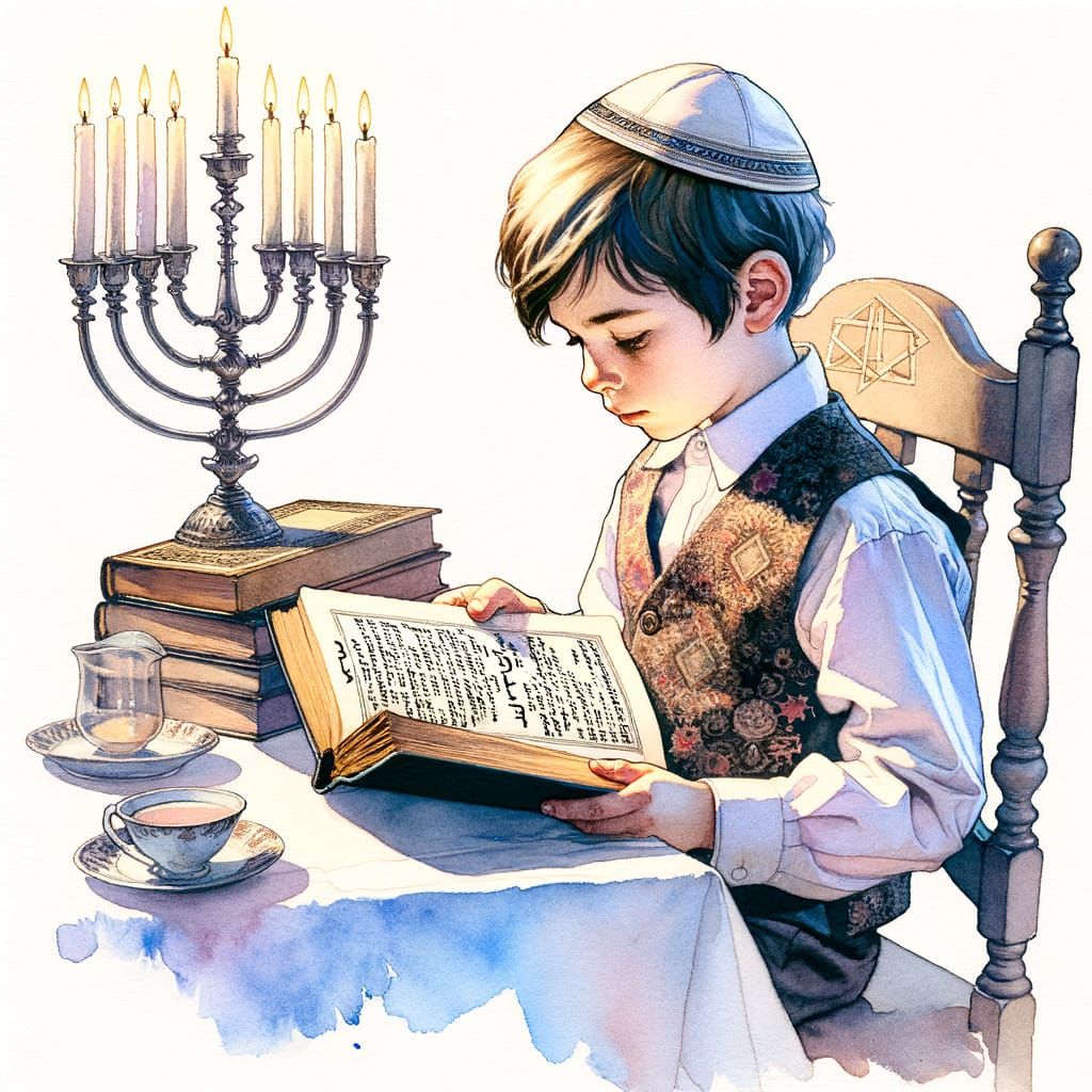 Surreal Jewish Boy Contemplates Haggadah at Seder Table