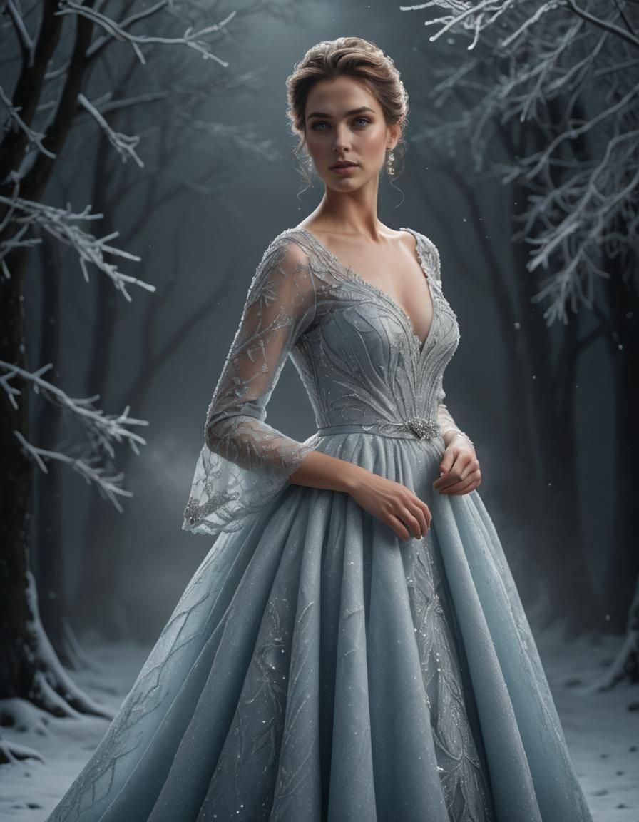 Icy Gown on Beautiful Woman: Hyperrealistic CGI Art