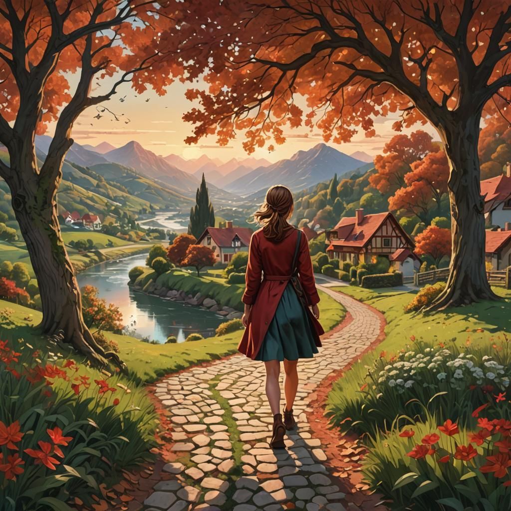 Hyperrealistic Riverside Path at Sunset with Cottages