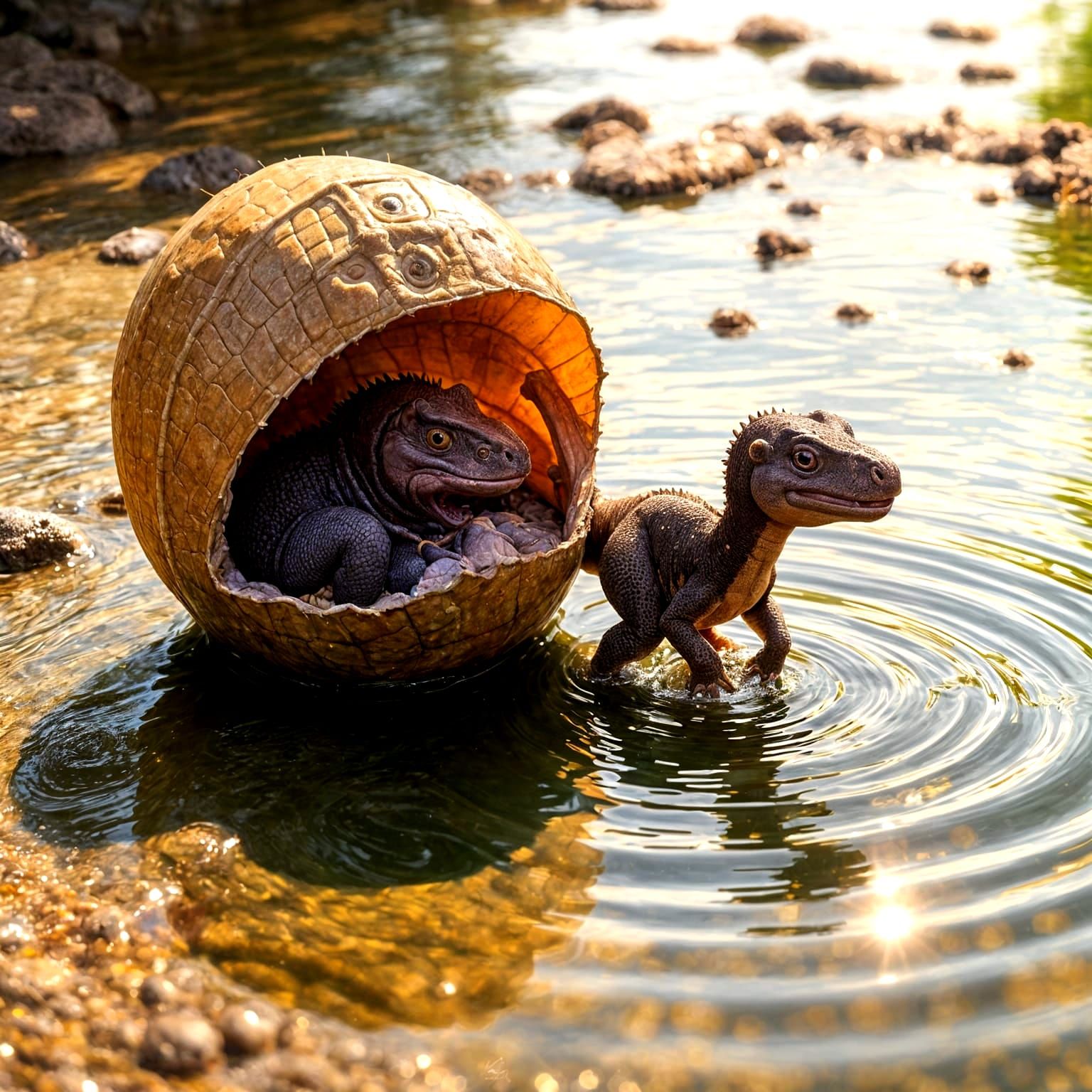 Chaoyangsaurus Hatchlings at Play in Sunny Water