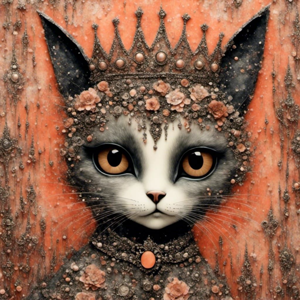Gothic Princess Portrait with Cat in Mixed Media Collage