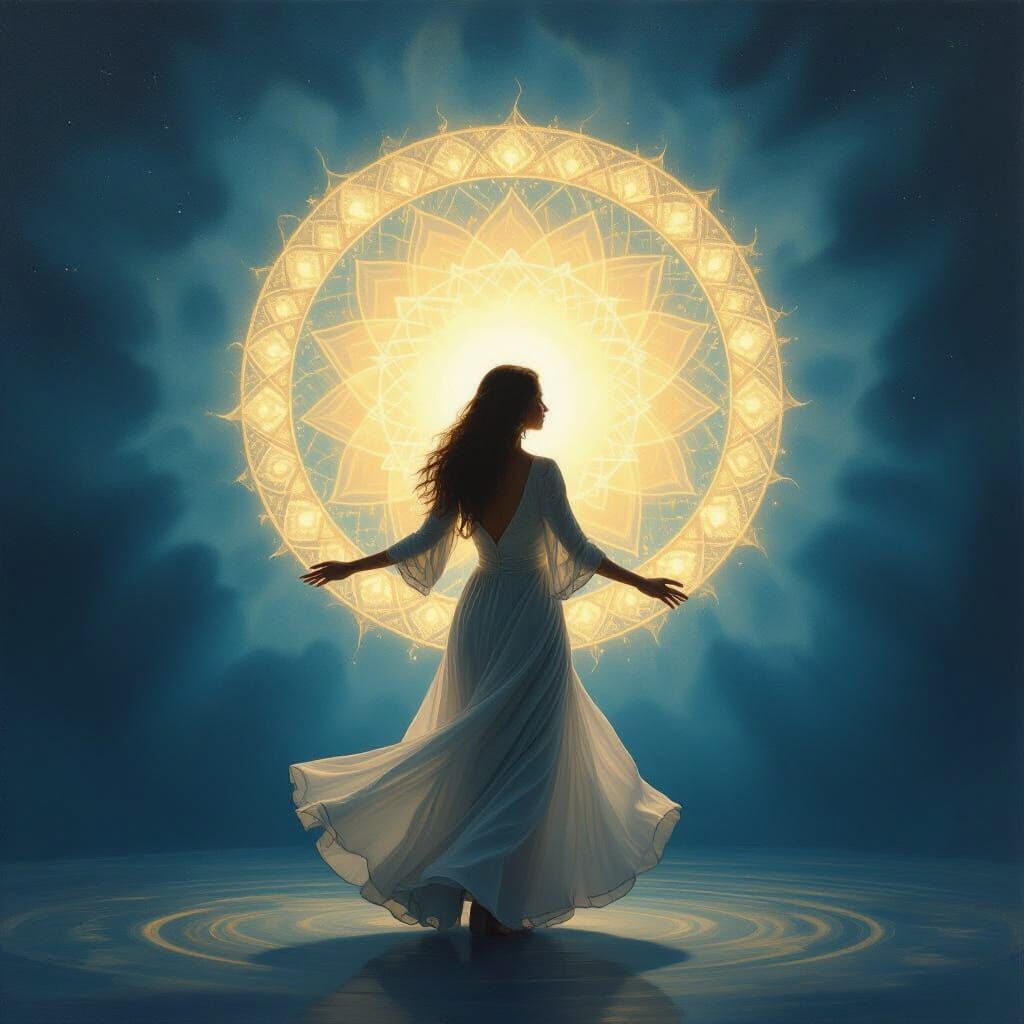 Woman in Luminous Mandala Circle Oil Painting
