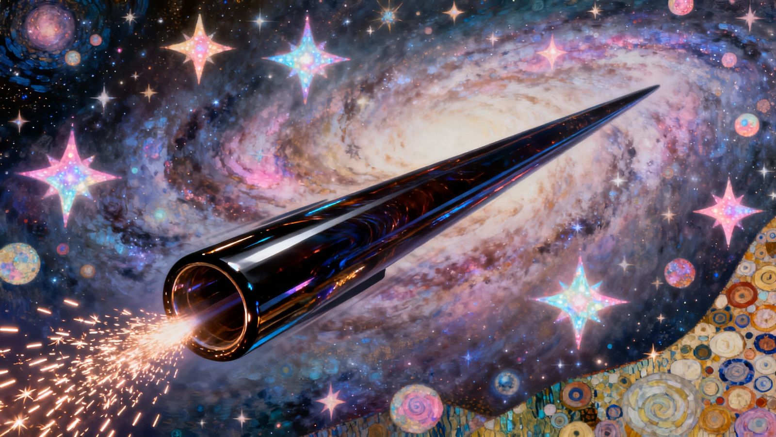 Klimt-Inspired Space Cylinder Through Psychedelic Nebula