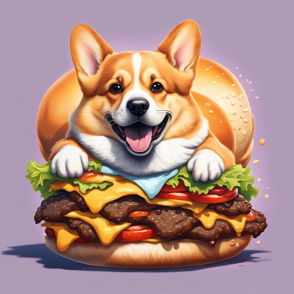 Black Corgi Dog Named Duke Eating Cheeseburger