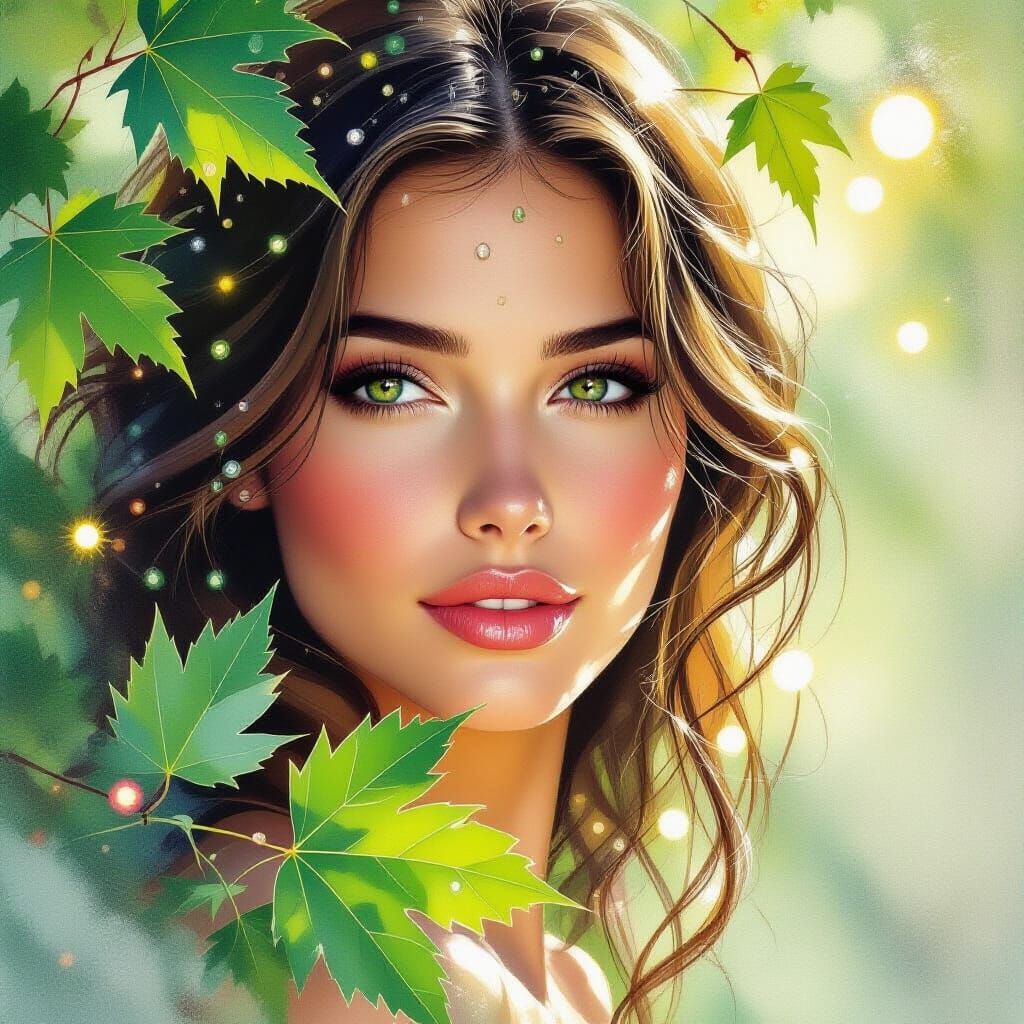 Dreamy Portrait with Glowing Orbs in Watercolor Style