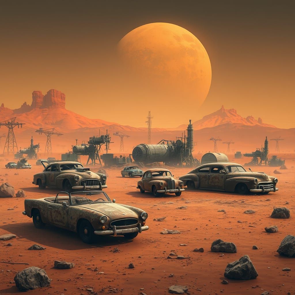 Surreal Martian Junkyard Landscape Inspired by Syd Mead