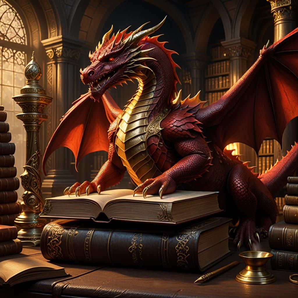 Epic Fantasy Book Cover with Red Dragon and Ancient Tomes