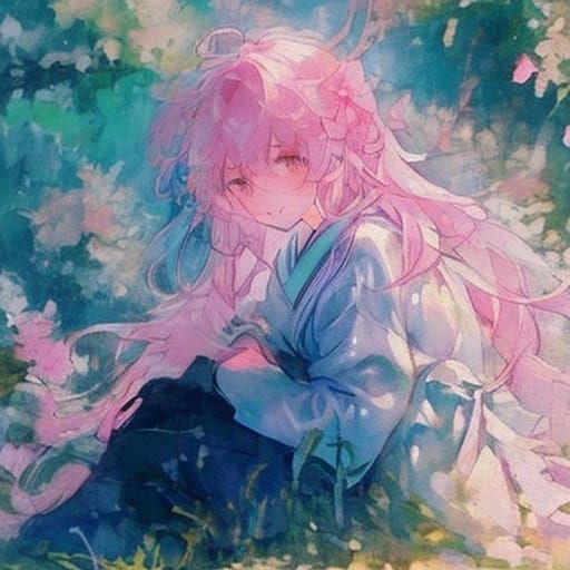 Impressionist Girl Under Sakura Tree in Japanese Landscape