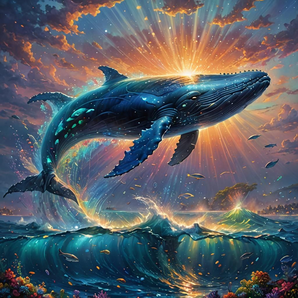 Bioluminescent Whale Underwater in Holographic Style
