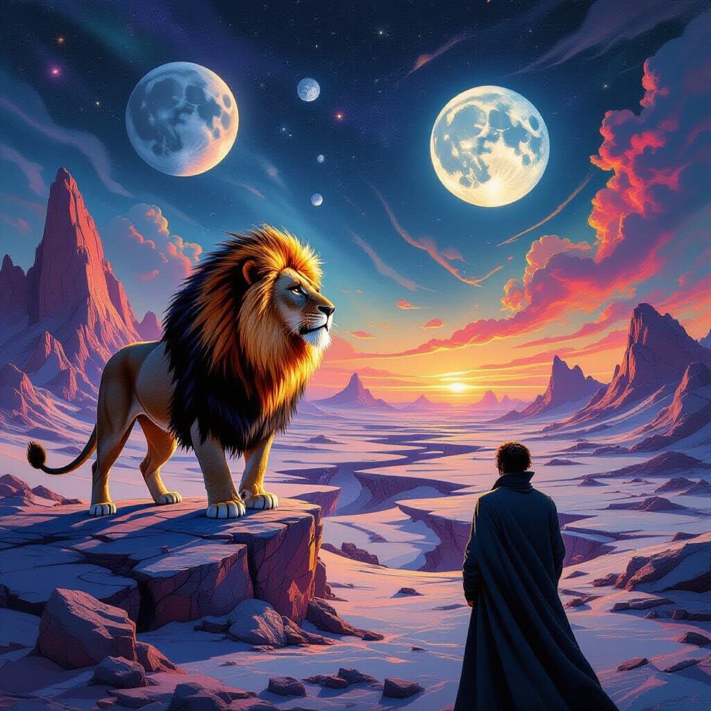 Majestic Lion Barks at Bewildered Observer in Surreal Alien ...