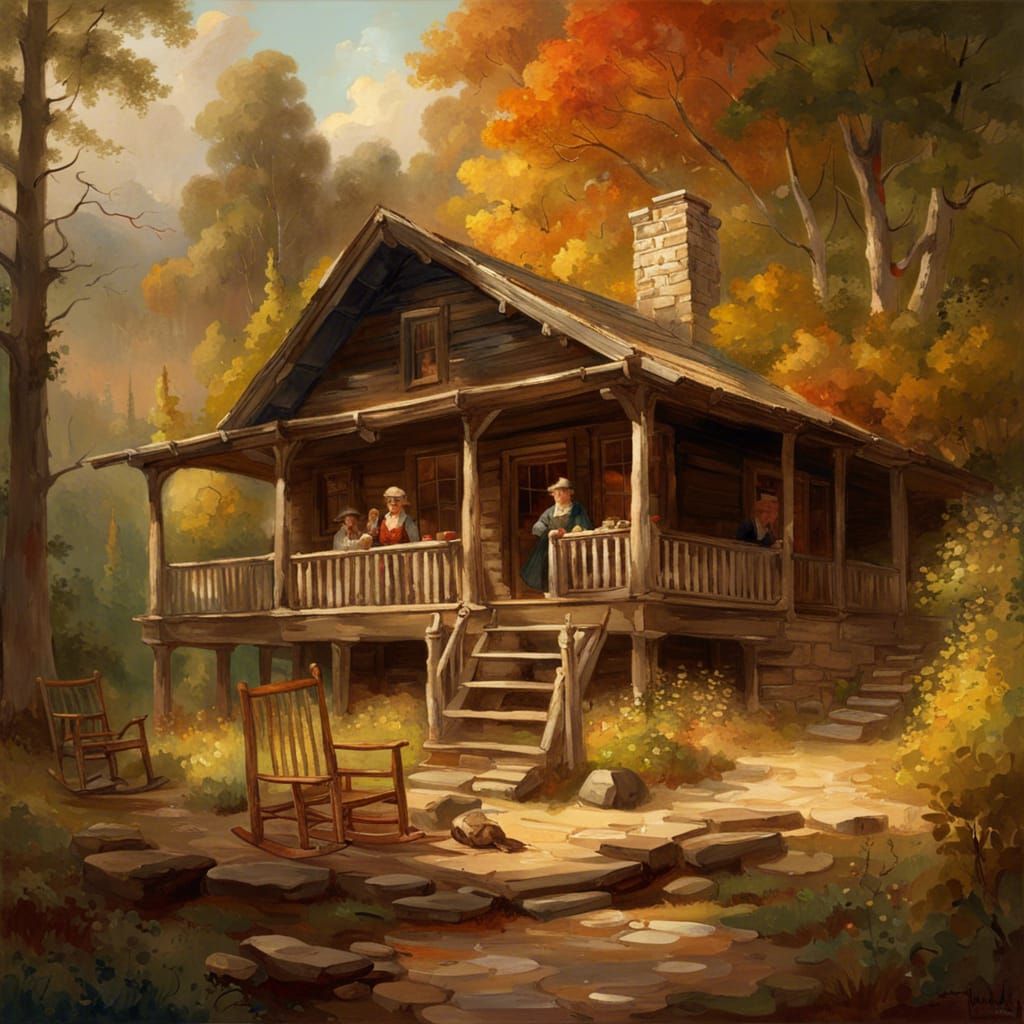 Cabin Porch Scene in Impasto Gouache Style