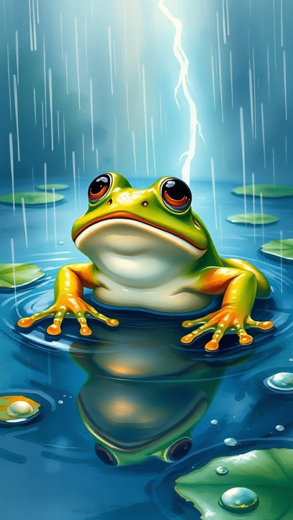 Surprised Frog in Storm, Animated Watercolor Style