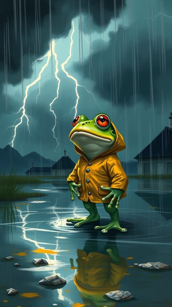 Frog in Raincoat in Storm, Digital Art