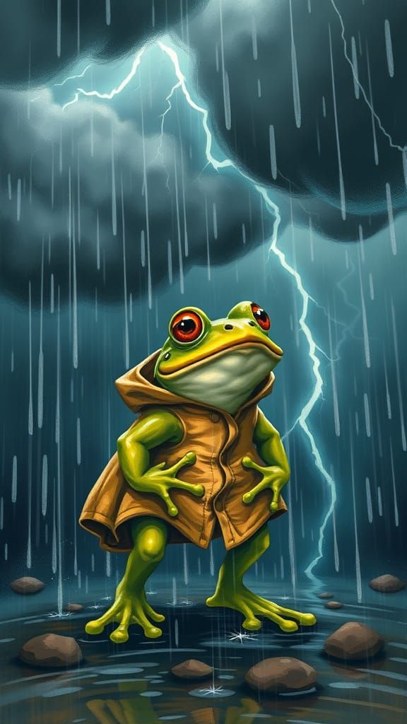 Startled Frog in Storm, Children's Book Illustration