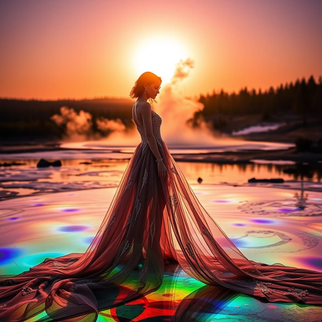 Ethereal Woman in Rainbow Landscape, Dreamy Surrealism