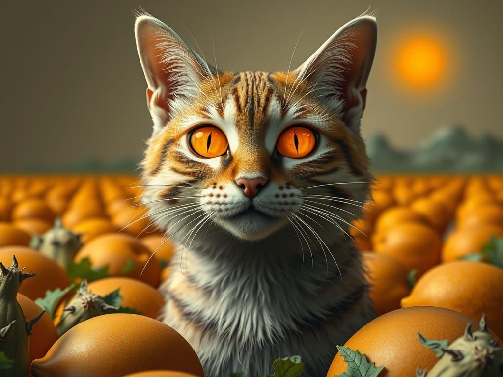 Surreal Orange Feline Portrait in Melon-Inspired Still Life