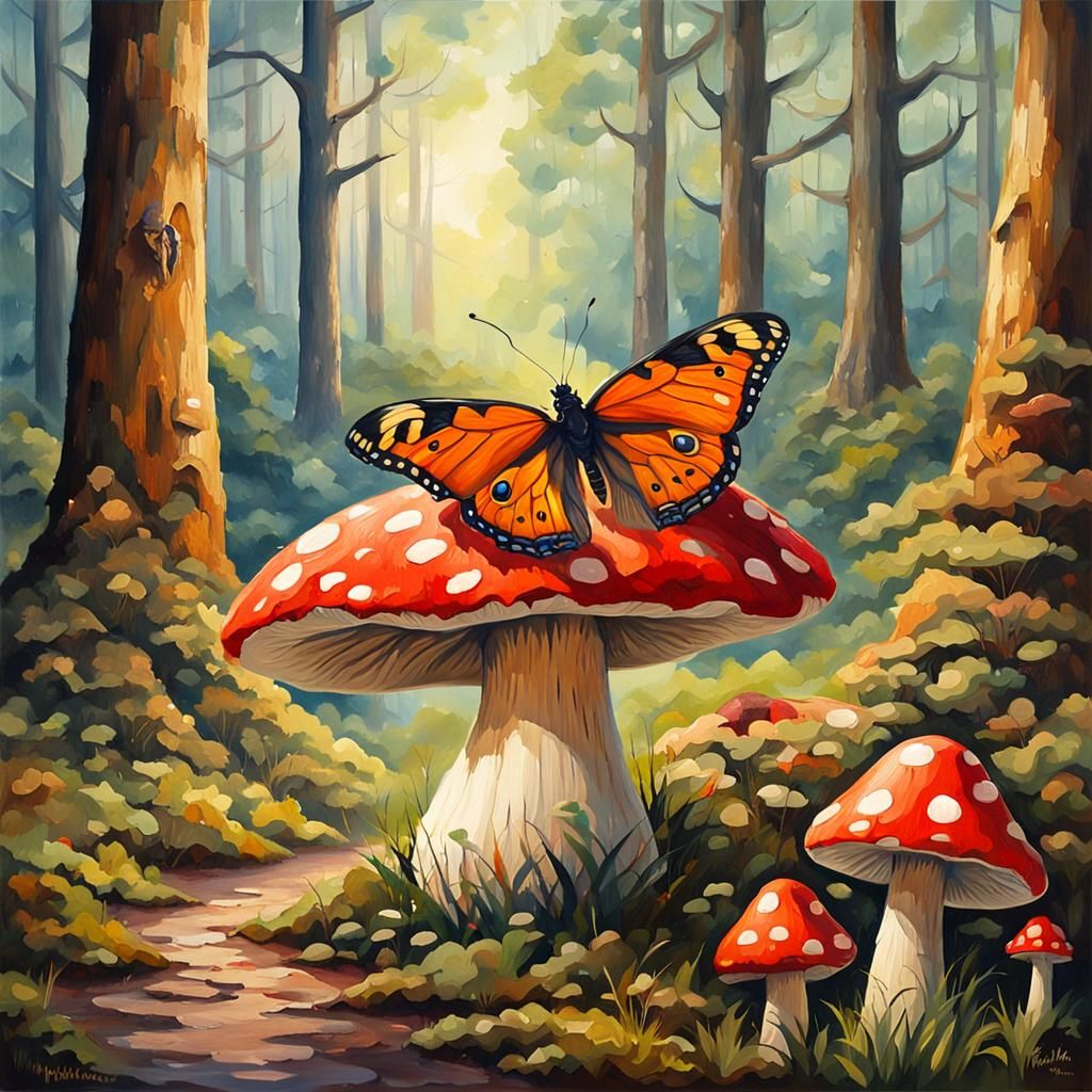 Butterfly on Mushroom in Impressionist Gouache Style